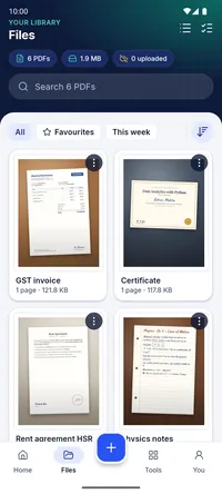 The Files screen showing PDFs as a grid of page previews
