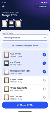The Merge screen with three PDFs selected in order